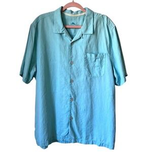 Tommy Bahama Men's XL 100% Silk Embossed Teal Button Down Shirt Tropical Resort
